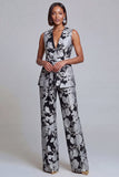 Navy Pink V-Neck Floral 2-Piece Women Suits