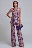 Navy Pink V-Neck Floral 2-Piece Women Suits