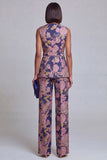 Navy Pink V-Neck Floral 2-Piece Women Suits