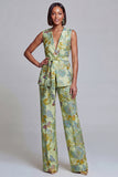 Navy Pink V-Neck Floral 2-Piece Women Suits