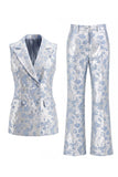 Dusty Blue Jacquard Peak Lapel 2-Piece Women Suits