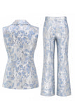 Dusty Blue Jacquard Peak Lapel 2-Piece Women Suits