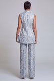 Dusty Blue Jacquard Peak Lapel 2-Piece Women Suits