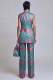 Dusty Blue Jacquard Peak Lapel 2-Piece Women Suits