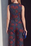 Navy V-Neck Jacquard 2-Piece Women's Suits