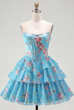 Strapless A-Line Yellow Corset Floral Tiered Homecoming Dress