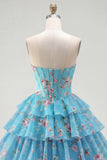Strapless A-Line Yellow Corset Floral Tiered Homecoming Dress