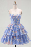 Strapless A-Line Yellow Corset Floral Tiered Homecoming Dress