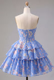 Strapless A-Line Yellow Corset Floral Tiered Homecoming Dress