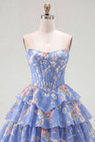 Strapless A-Line Yellow Corset Floral Tiered Homecoming Dress