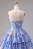 Strapless A-Line Yellow Corset Floral Tiered Homecoming Dress