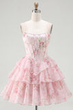 Strapless A-Line Yellow Corset Floral Tiered Homecoming Dress