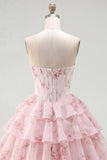 Strapless A-Line Yellow Corset Floral Tiered Homecoming Dress