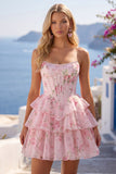 Strapless A-Line Yellow Corset Floral Tiered Homecoming Dress