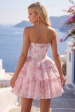 Strapless A-Line Yellow Corset Floral Tiered Homecoming Dress