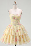 Strapless A-Line Yellow Corset Floral Tiered Homecoming Dress