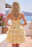 Strapless A-Line Yellow Corset Floral Tiered Homecoming Dress