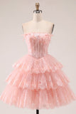 Strapless Floral Corset Tulle A-Line Blush Tiered Homecoming Dress