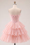 Strapless Floral Corset Tulle A-Line Blush Tiered Homecoming Dress