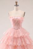 Strapless Floral Corset Tulle A-Line Blush Tiered Homecoming Dress