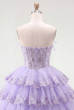 Strapless Floral Corset Tulle A-Line Blush Tiered Homecoming Dress