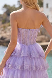 Strapless Floral Corset Tulle A-Line Blush Tiered Homecoming Dress