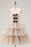 Apricot Black Dot A-Line Tiered Sweetheart Homecoming Dress with Bow