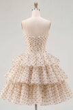 Apricot Black Dot A-Line Tiered Sweetheart Homecoming Dress with Bow