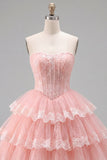 Pink A-Line Sweetheart Corset Tiered Floral Homecoming Dress