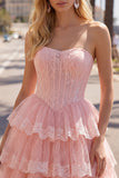 Pink A-Line Sweetheart Corset Tiered Floral Homecoming Dress
