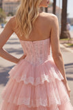 Pink A-Line Sweetheart Corset Tiered Floral Homecoming Dress