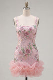 Square Neck Pink Bodycon Floral Ruffled Homecoming Dress