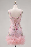 Square Neck Pink Bodycon Floral Ruffled Homecoming Dress