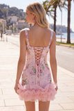 Square Neck Pink Bodycon Floral Ruffled Homecoming Dress