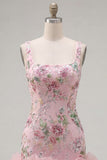 Square Neck Pink Bodycon Floral Ruffled Homecoming Dress