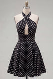 Black White Dot Halter A-Line Cut Out Homecoming Dress