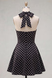 Black White Dot Halter A-Line Cut Out Homecoming Dress