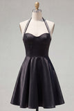 Halter Black A-Line Satin Homecoming Dress with Beading