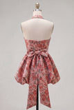Halter Red Floral A-Line Homecoming Dress with Bow