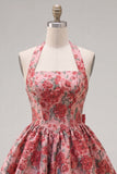 Halter Red Floral A-Line Homecoming Dress with Bow