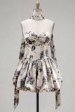 White Black Floral Sweetheart A-Line Homecoming Dress with Neck Scarf