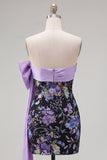 Strapless Black Floral Bodycon Sequin Homecoming Dress with Large Bow