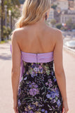 Strapless Black Floral Bodycon Sequin Homecoming Dress with Large Bow