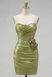Strapless Green Bodycon Corset Metallic Homecoming Dress with 3D Flowers
