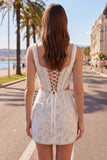 Square Neck White Bodycon Corset Homecoming Dress with Beading