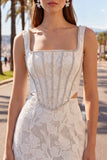 Square Neck White Bodycon Corset Homecoming Dress with Beading