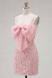 Pink Bodycon Beaded Floral Homecoming Dress with Bow