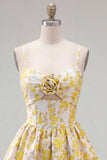 Yellow Spaghetti Straps Floral A-Line Homecoming Dress