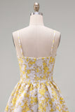 Yellow Spaghetti Straps Floral A-Line Homecoming Dress