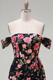 Off the Shoulder Bodycon Floral Black Homecoming Dress with Sash